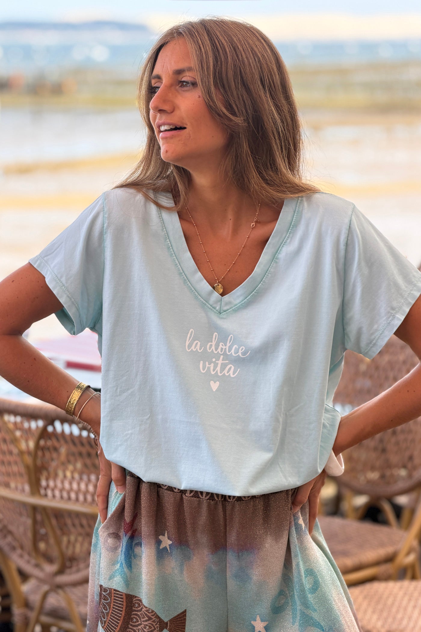 Tshirt vert d'eau en coton Dolce Vita col v