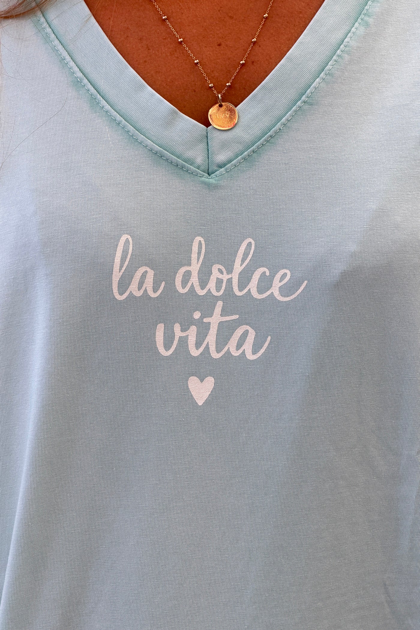 Tshirt vert d'eau en coton Dolce Vita col v