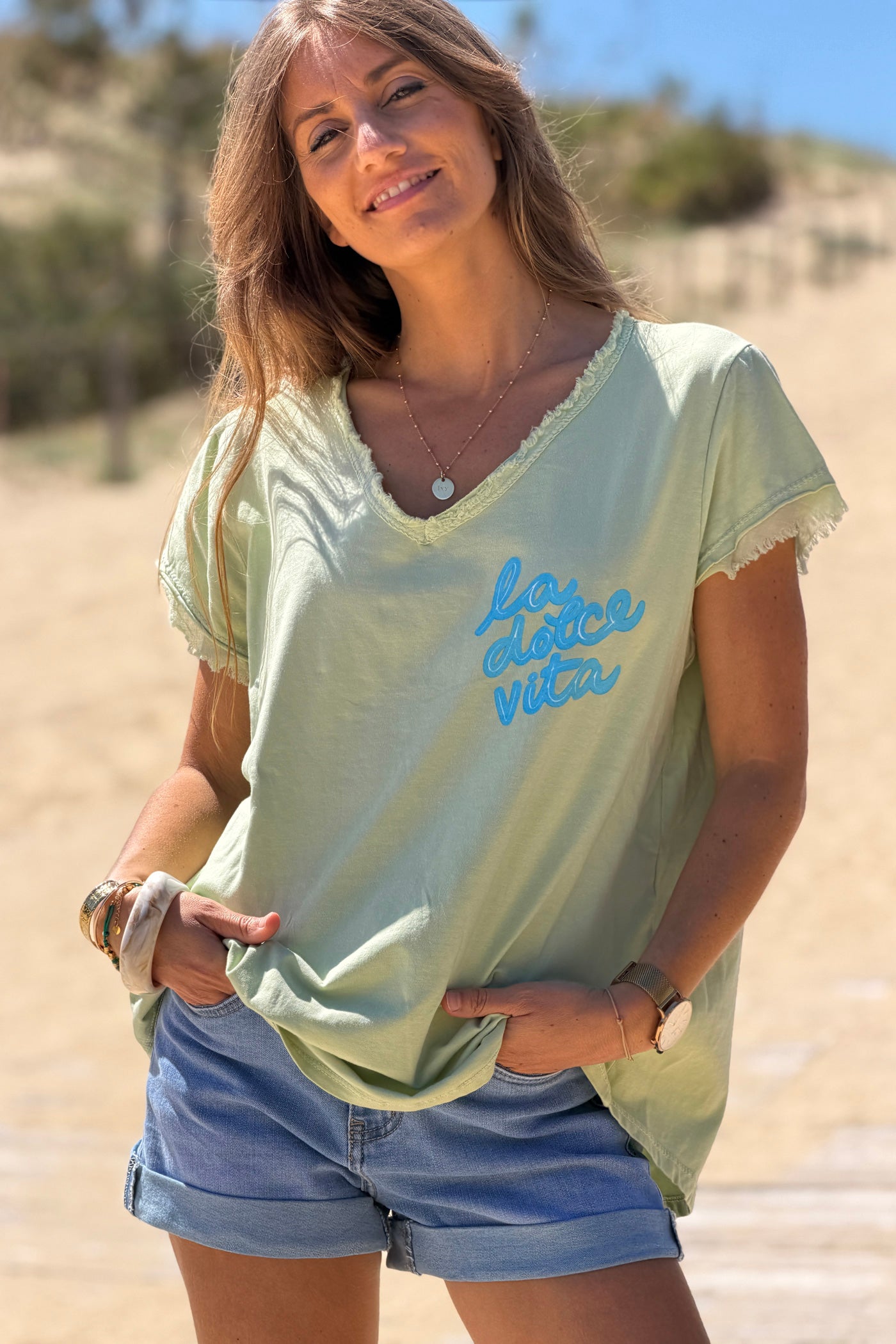Tshirt vert sauge Dolce Vita finitions franges