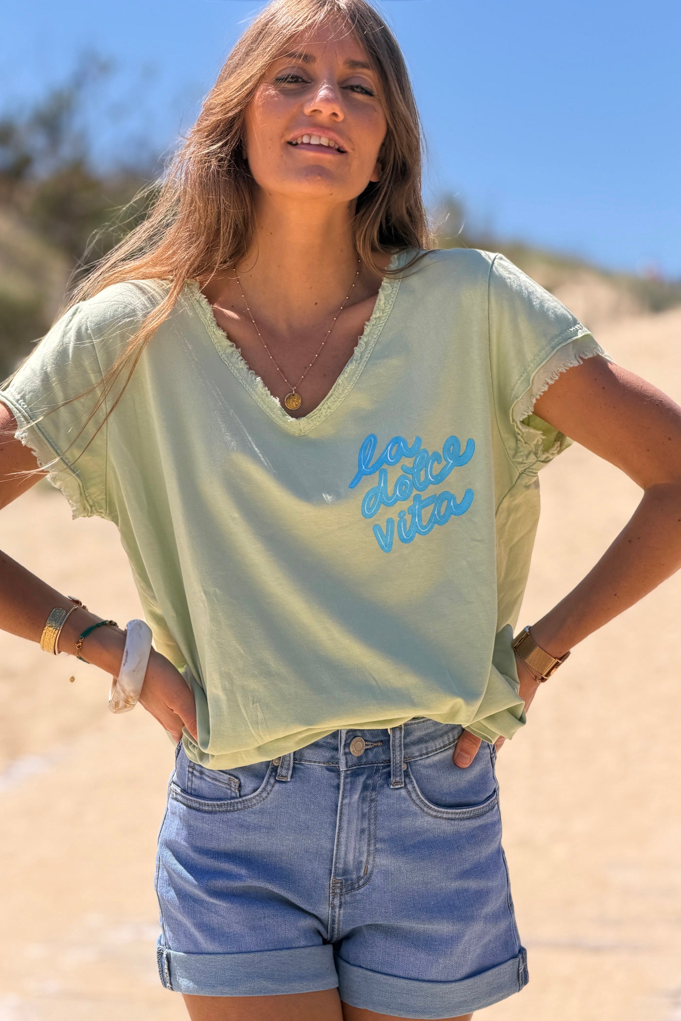 Tshirt vert sauge Dolce Vita finitions franges