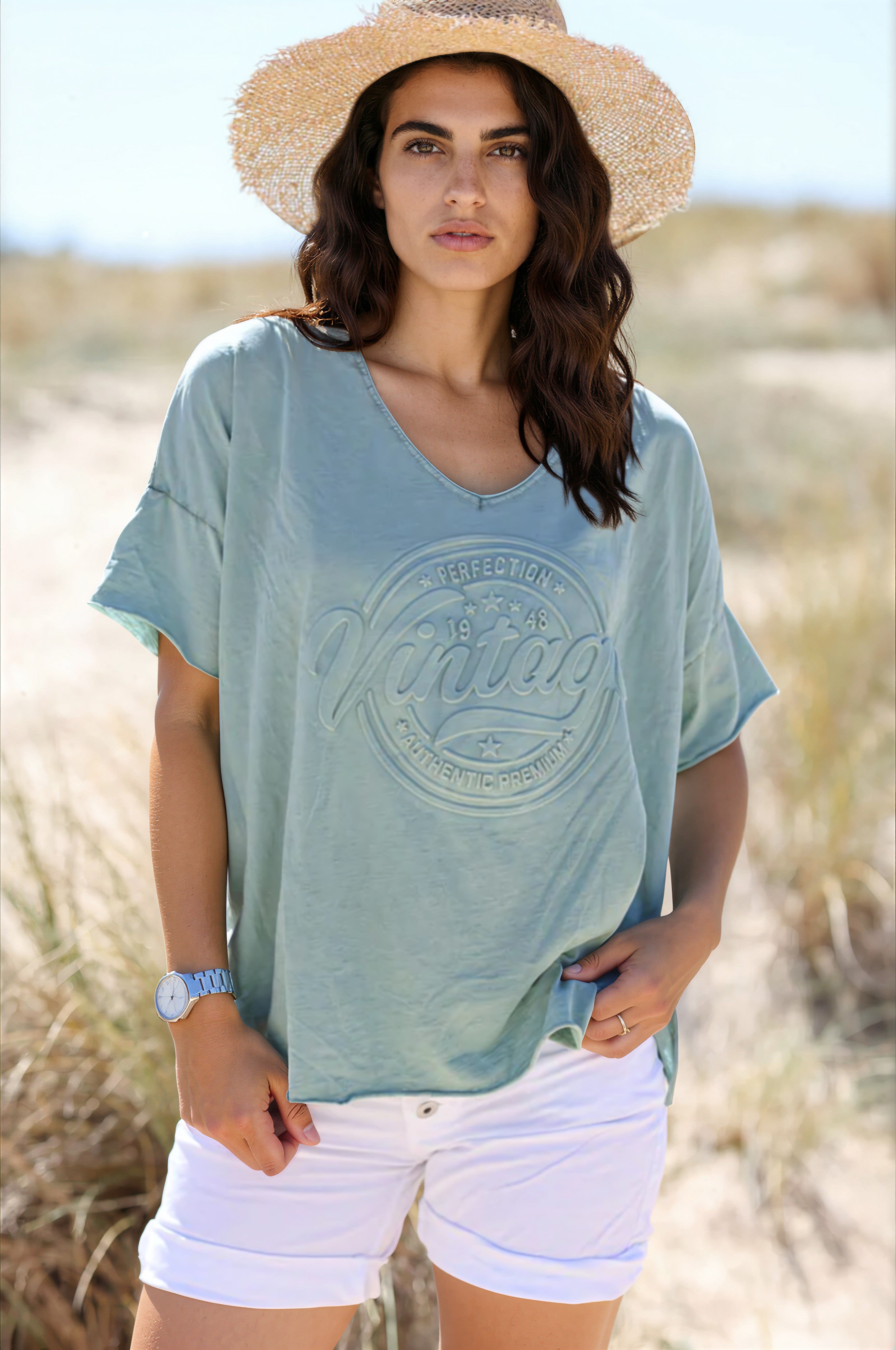 T-shirt vert céladon loose manches courtes logo vintage relief
