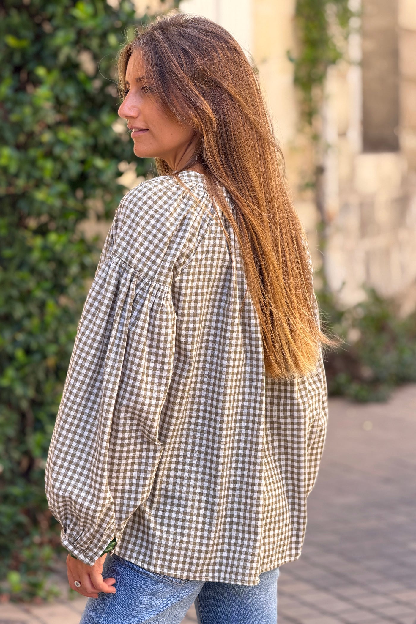Tunique à carreaux vichy kaki avec manches bouffantes