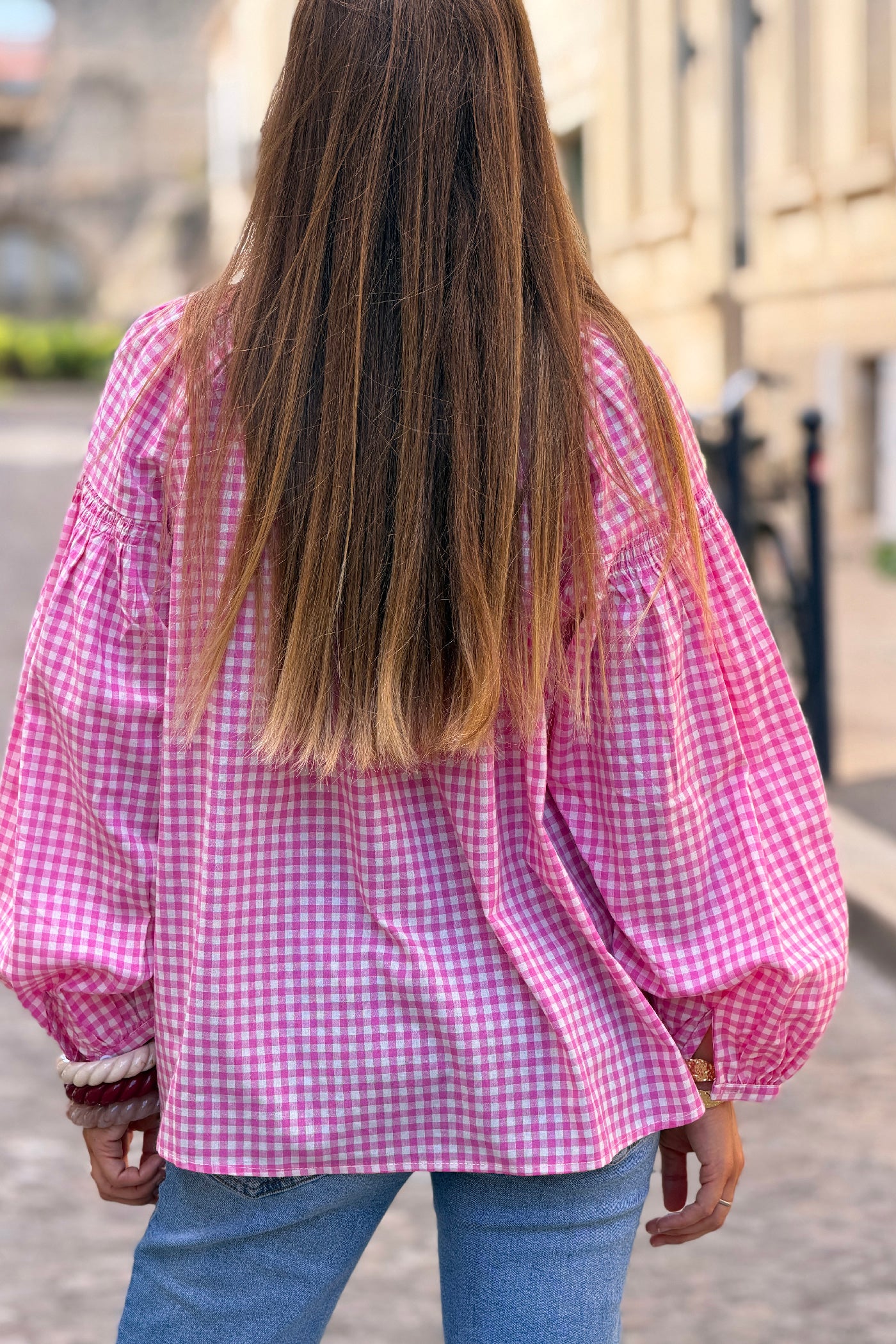 Tunique à carreaux vichy rose avec manches bouffantes