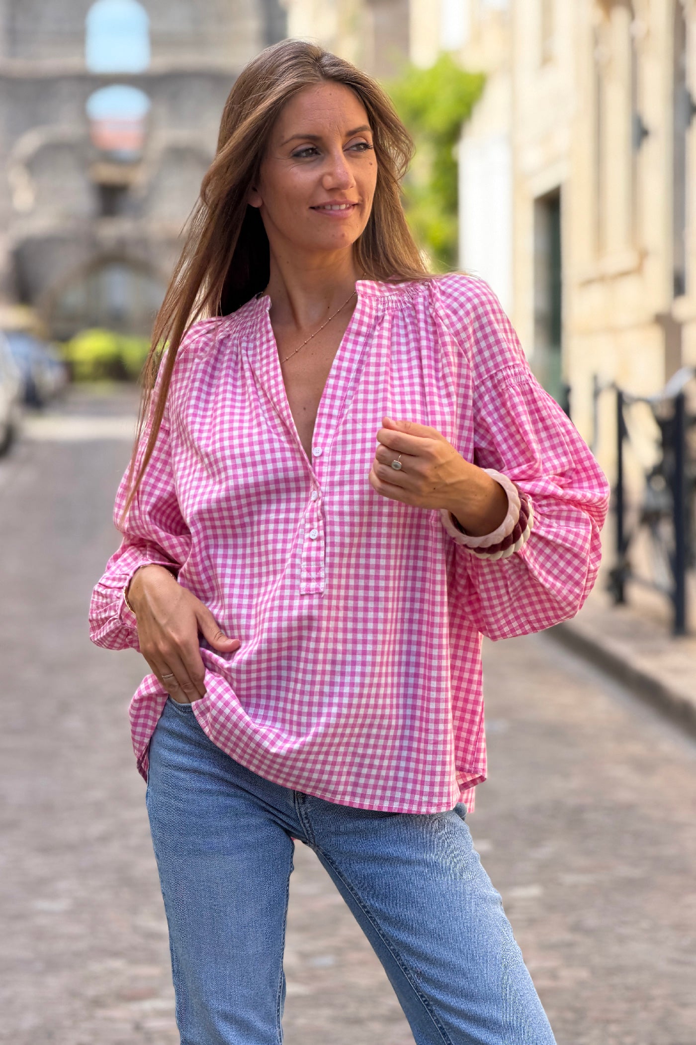 Tunique à carreaux vichy rose avec manches bouffantes