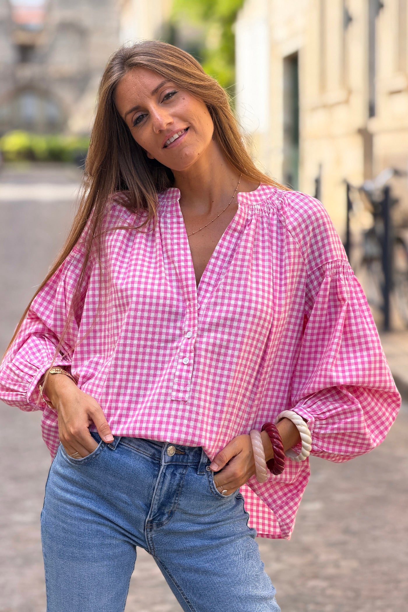 Tunique à carreaux vichy rose avec manches bouffantes