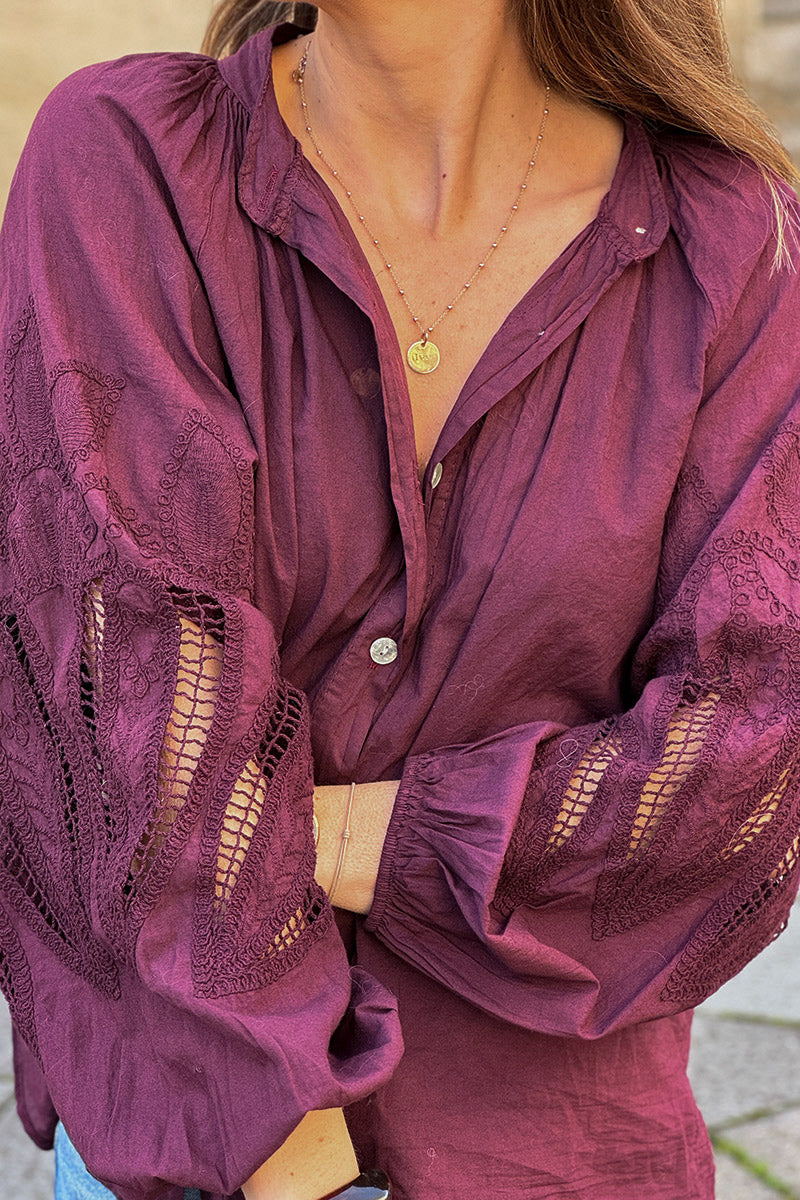 Burgundy Lotus Sleeve Poplin Blouse