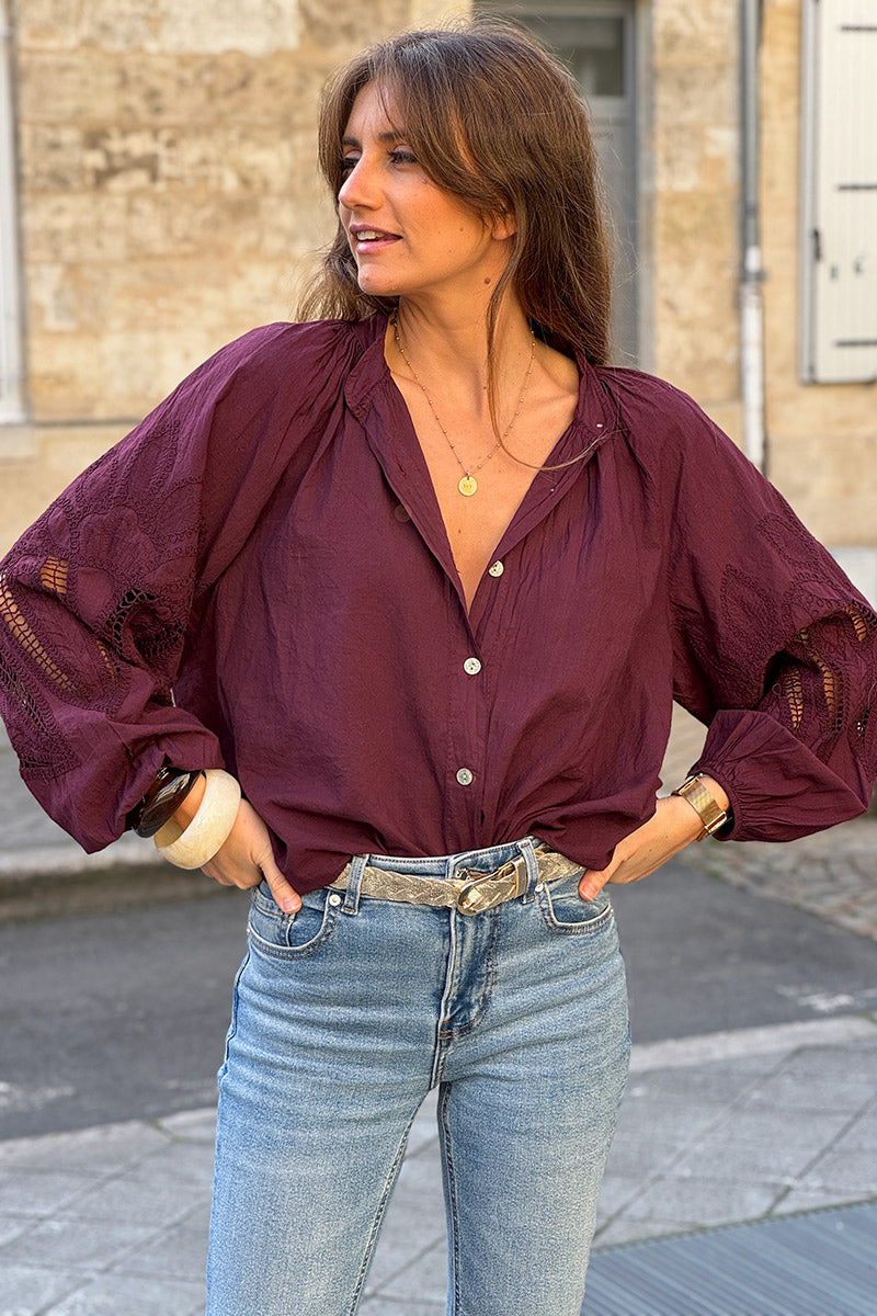 Burgundy Lotus Sleeve Poplin Blouse