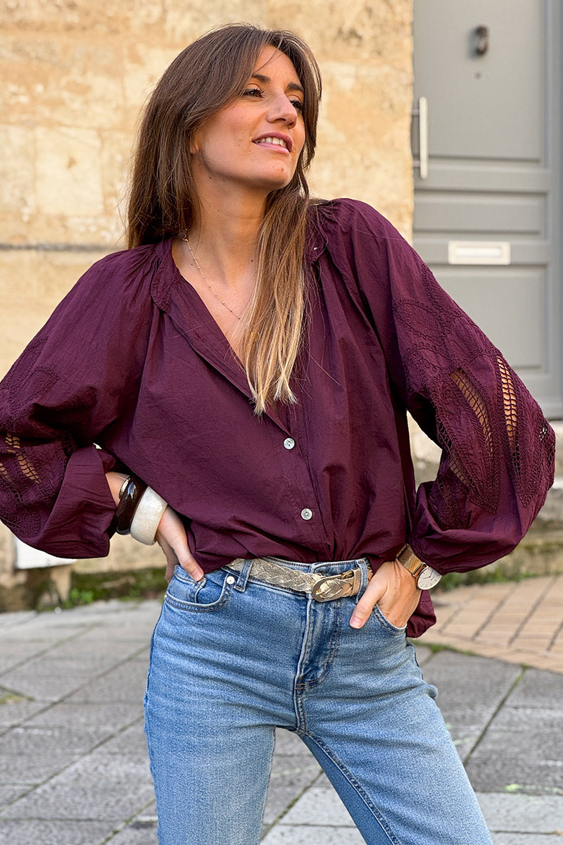 Burgundy Lotus Sleeve Poplin Blouse