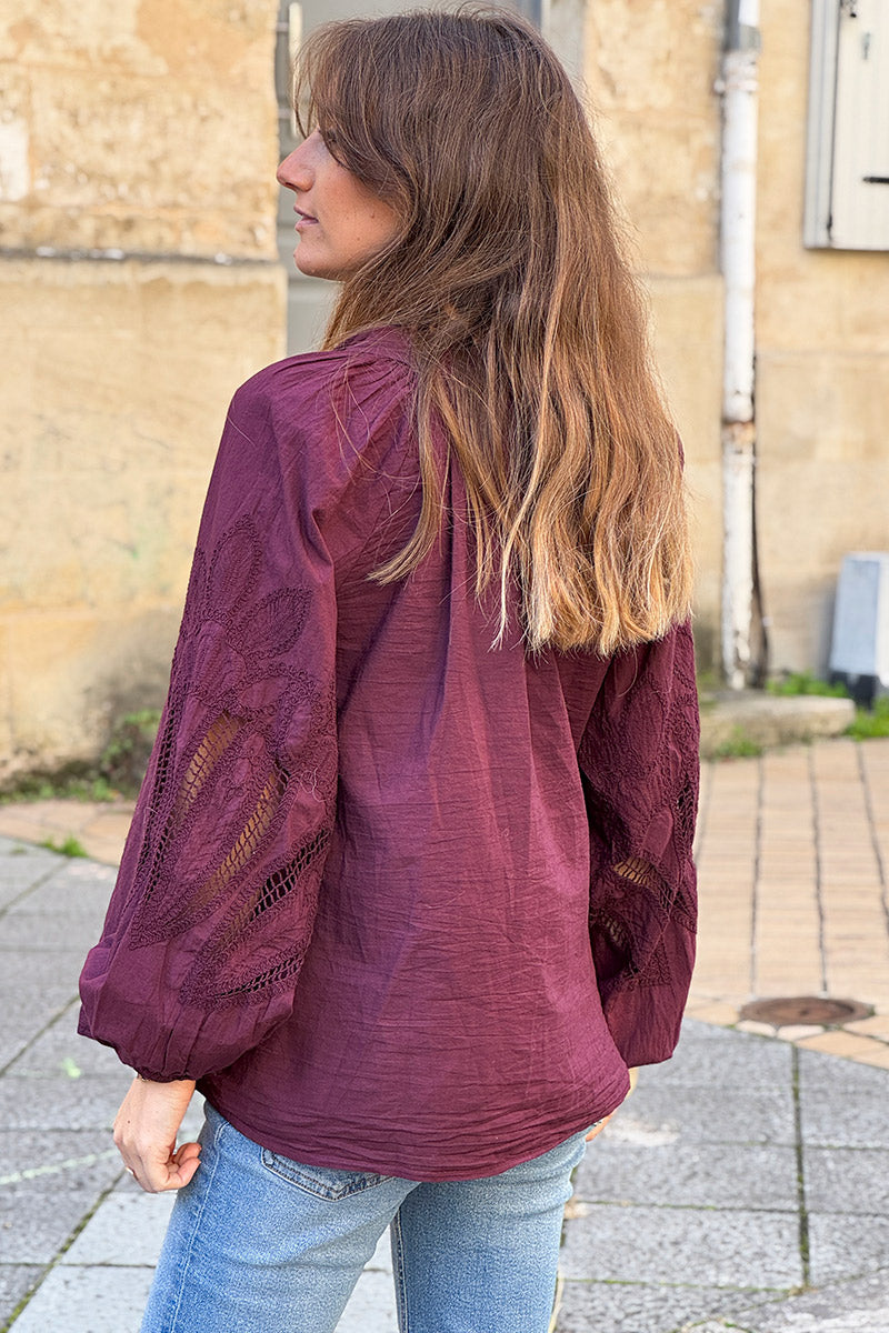 Burgundy Lotus Sleeve Poplin Blouse
