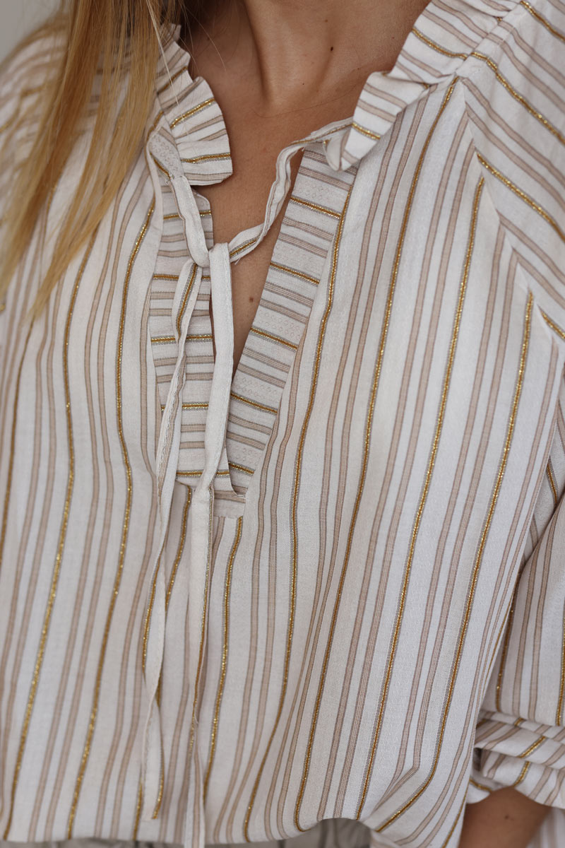 Beige glitter striped tunic blouse with frill collar