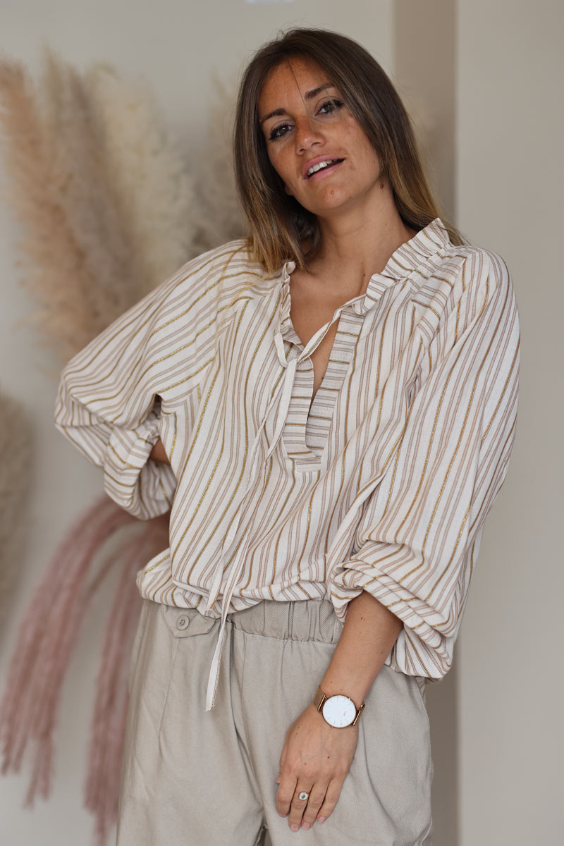 Beige glitter striped tunic blouse with frill collar