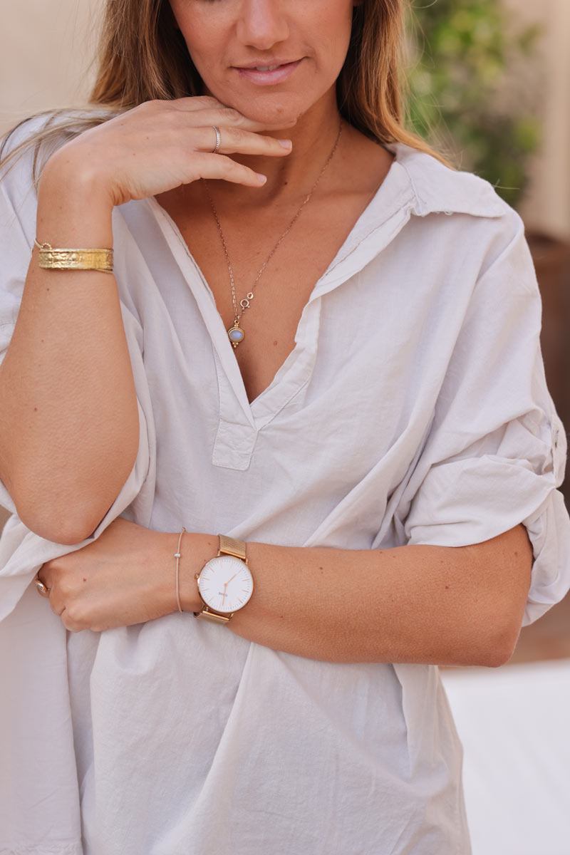 Tunique beige en coton col chemise manches retroussables