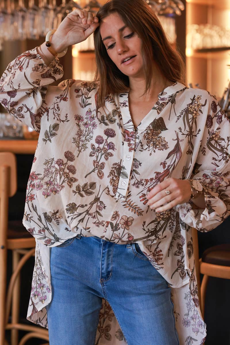 Cream and Burgundy Botanical Cotton Blouse