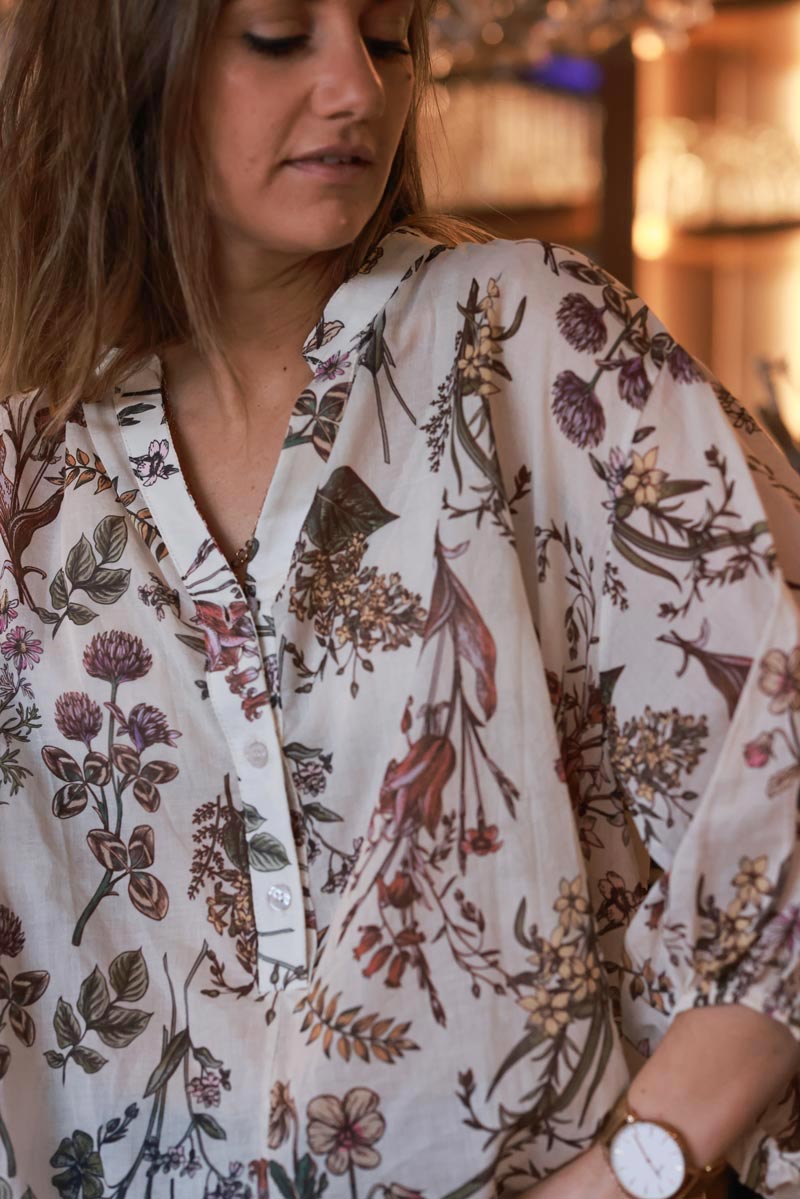 Cream and Burgundy Botanical Cotton Blouse