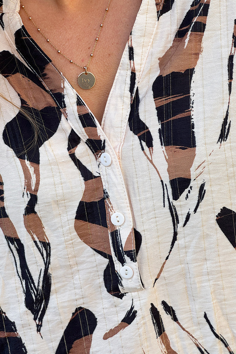 Beige Abstract Stripes Half-Placket Blouse