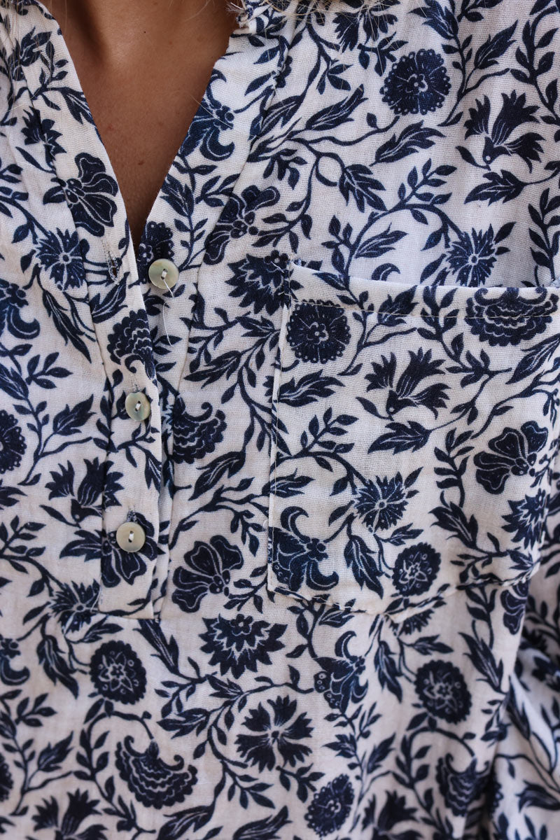 Off white semi sheer cotton shirt with navy blue arabic floral print