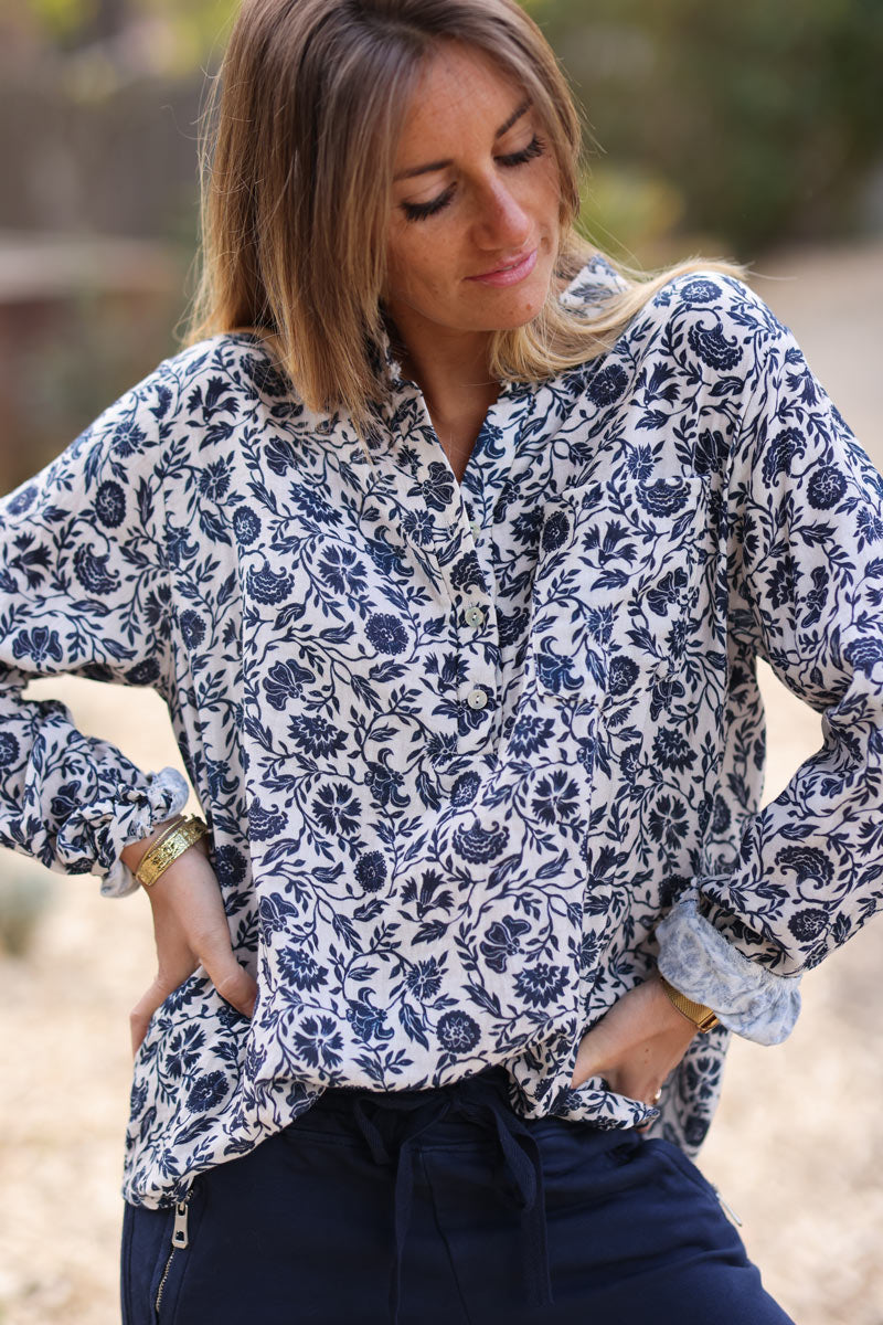 Off white semi sheer cotton shirt with navy blue arabic floral print