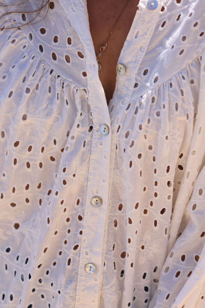Off-white blouse broderie anglaise and mother of pearl buttons