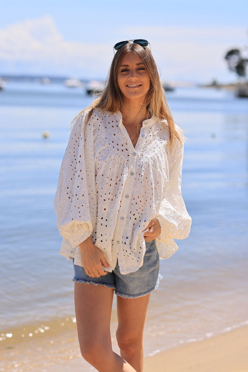 Off-white blouse broderie anglaise and mother of pearl buttons