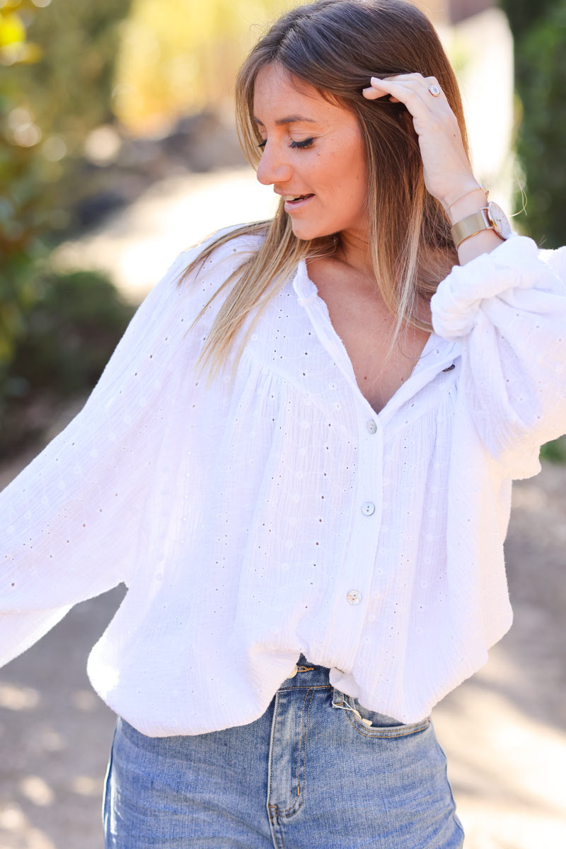 White broderie anglaise cotton shirt blouse