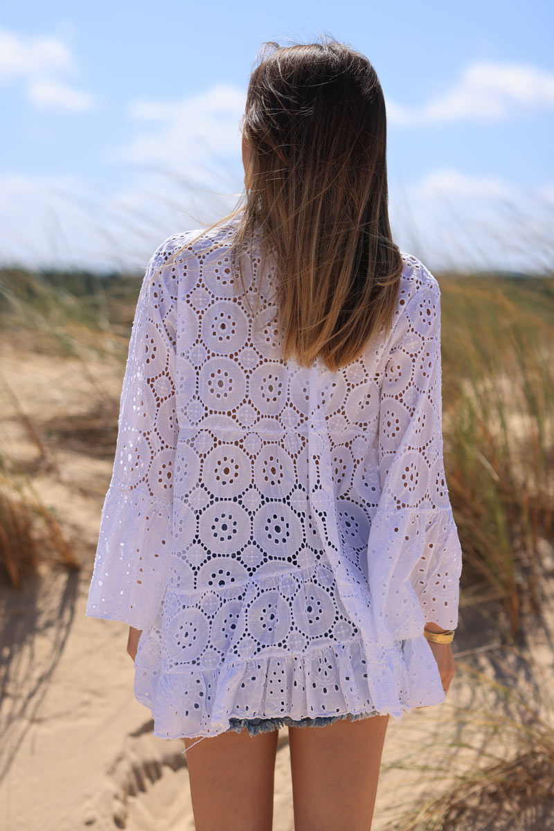 White broderie anglaise tiered blouse with flare sleeves