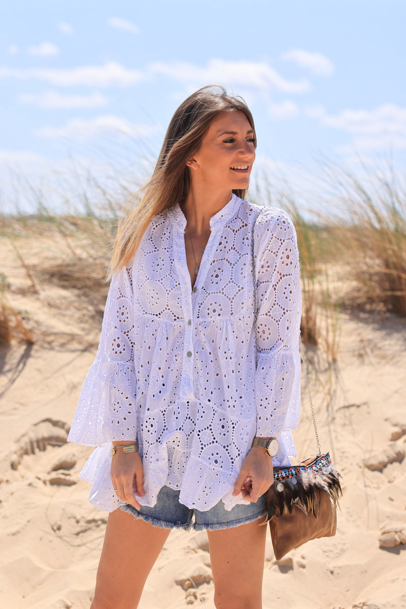 White broderie anglaise tiered blouse with flare sleeves