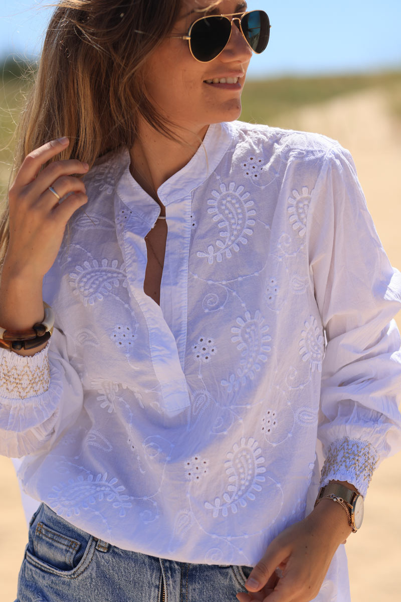 White broderie anglaise blouse with elasticated embroidered cuffs