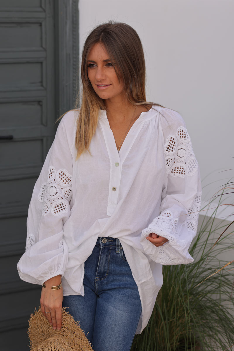 White notch v-neck cotton blouse with floral crochet on sleeves