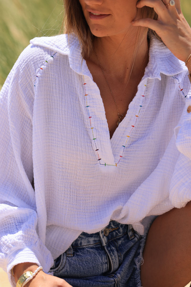 White cotton gauze blouse with colored threads seams detail 