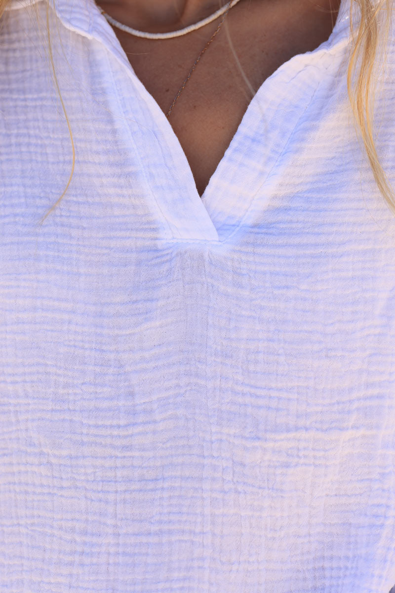 White shirt style v-neck crinkle cotton gauze blouse