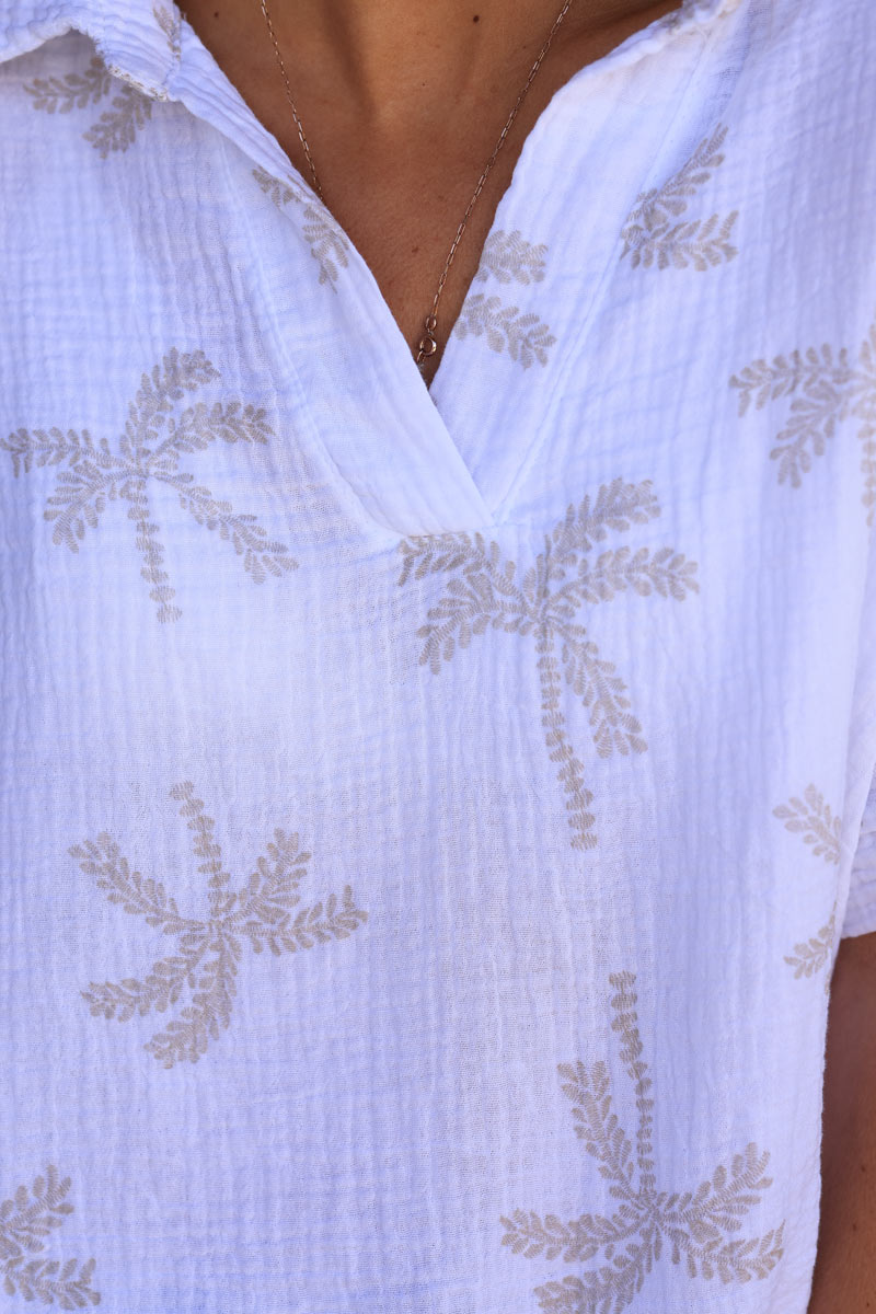 White cotton gauze blouse with beige embroidered palm tree