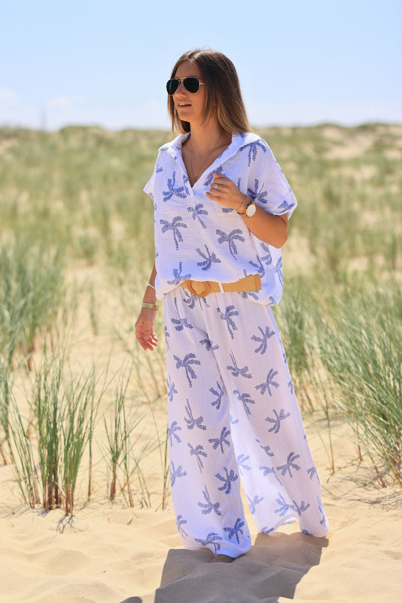 White cotton gauze blouse with dusty blue embroidered palm tree