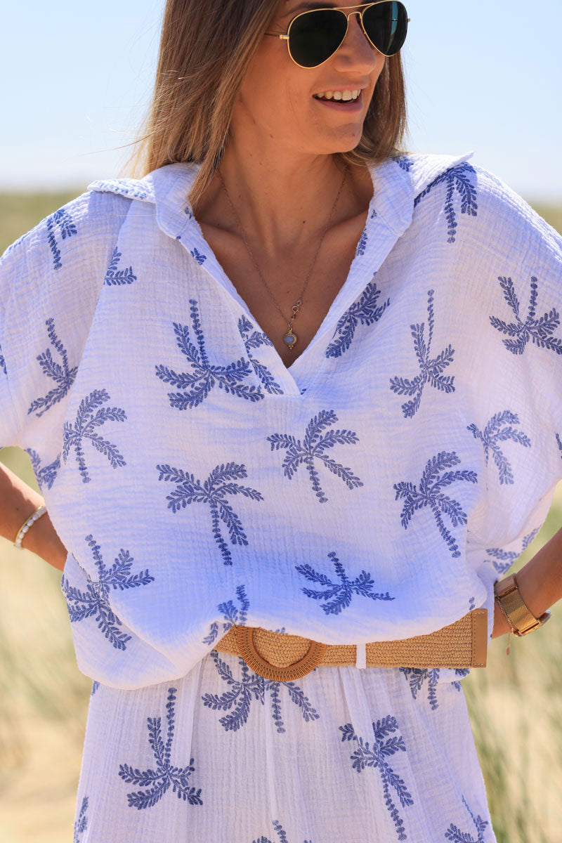 White cotton gauze blouse with dusty blue embroidered palm tree