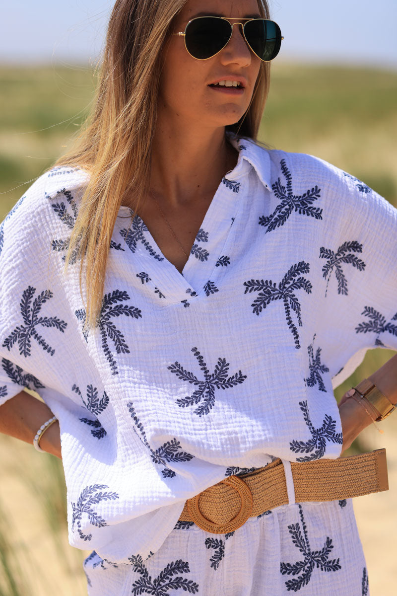 White cotton gauze blouse with navy blue embroidered palm tree