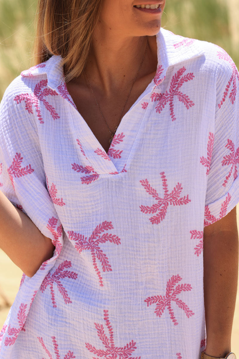 White cotton gauze blouse with fuchsia embroidered palm tree