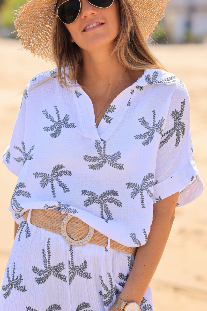 White cotton gauze blouse with khaki embroidered palm tree