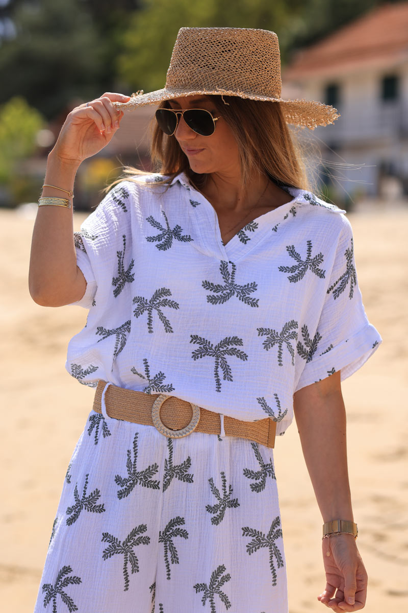 White cotton gauze blouse with khaki embroidered palm tree