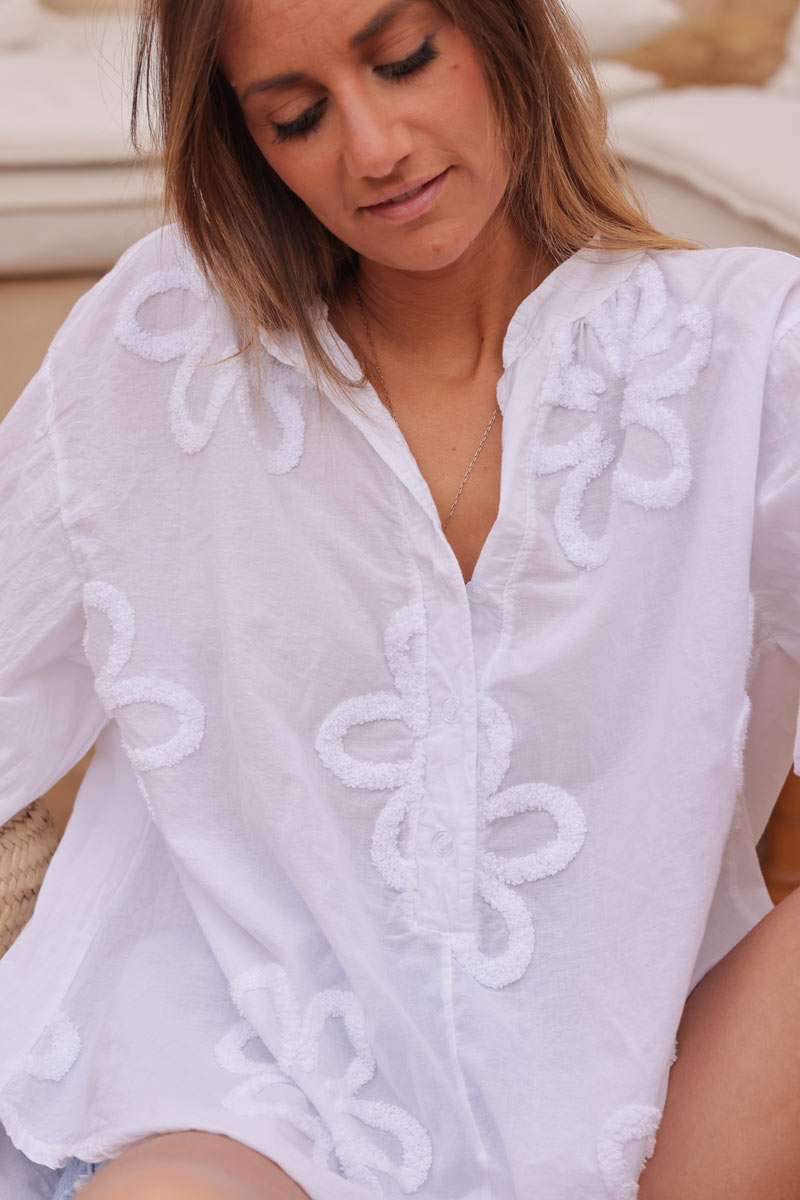 White semi sheer blouse with floral boucle teddy embroidery
