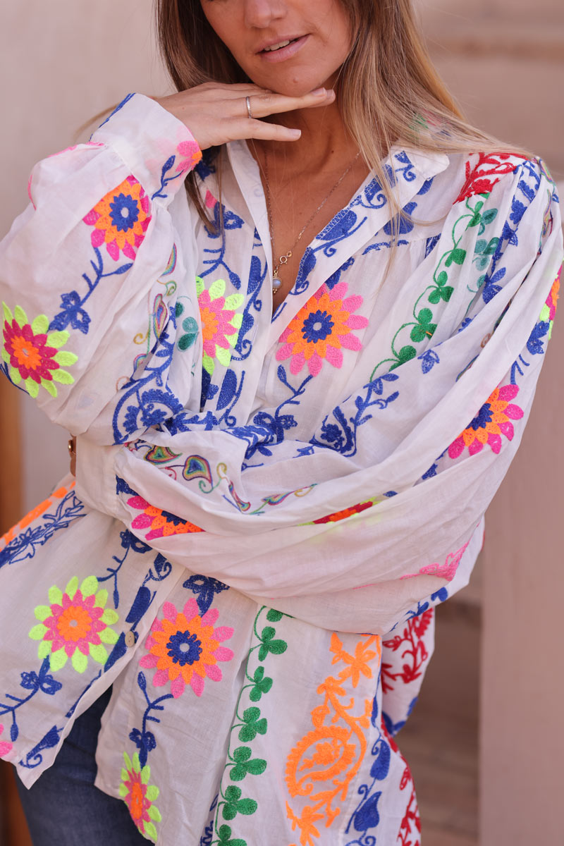 White cotton shirt with bright colourful paisley and floral embroidery