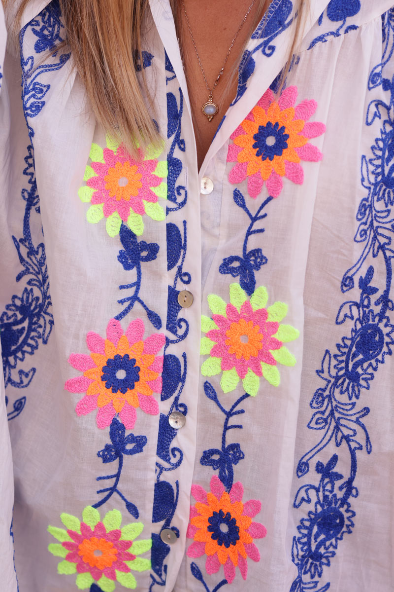 White cotton shirt with bright colourful paisley and floral embroidery