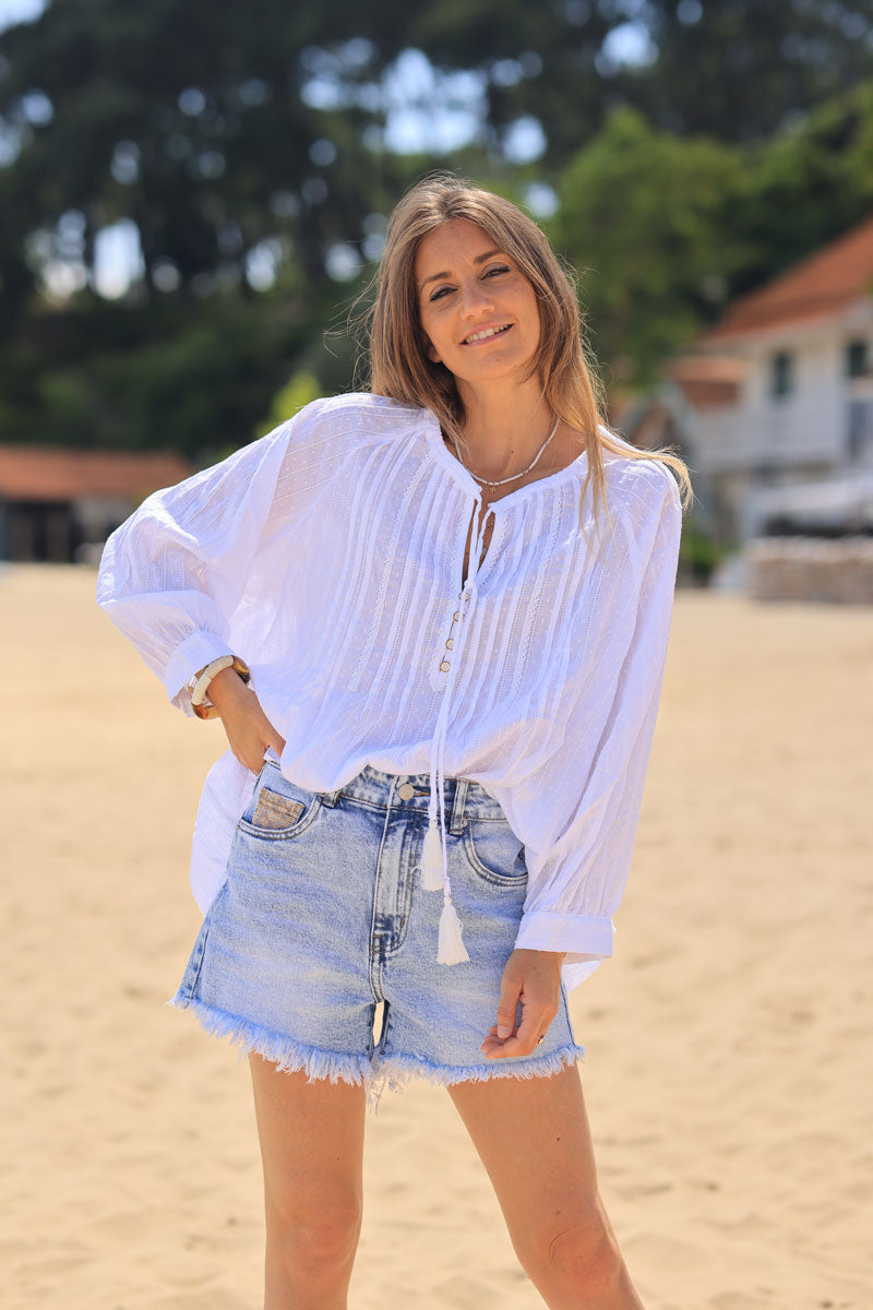 White plumetis blouse with lace detail