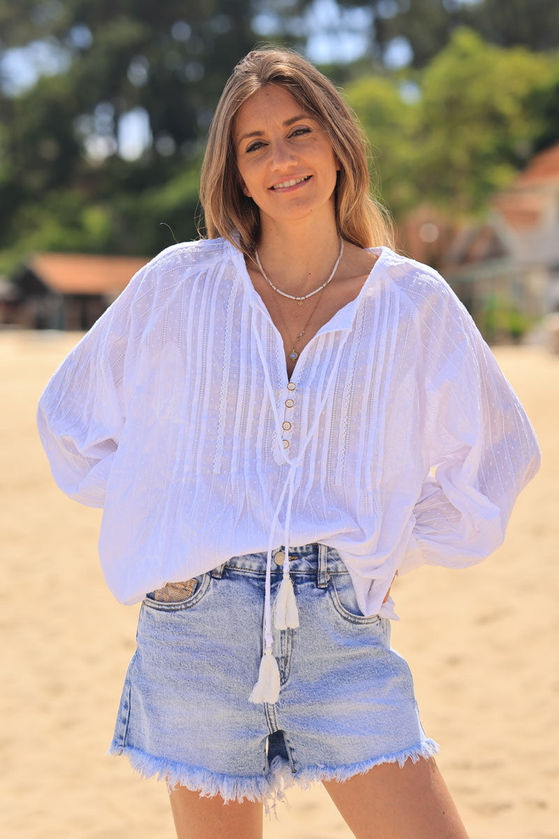 White plumetis blouse with lace detail