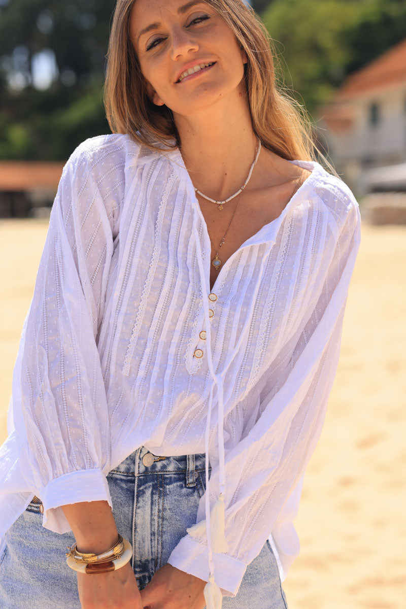 White plumetis blouse with lace detail