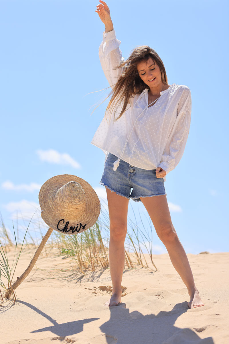 White polka dot embroidered cotton blouse with tassel ties