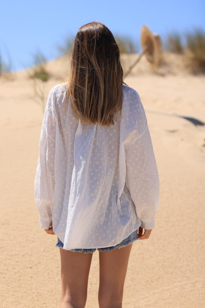 White polka dot embroidered cotton blouse with tassel ties