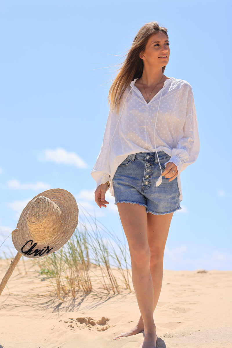 White polka dot embroidered cotton blouse with tassel ties