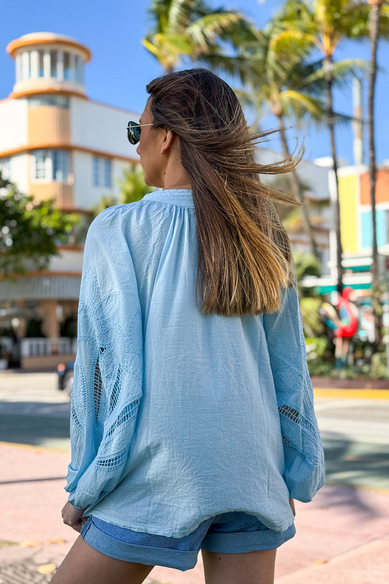 Light Blue Lotus Sleeve Poplin Blouse