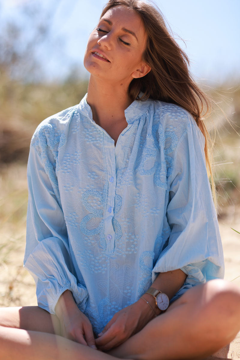 Light Blue Gauze Boucle Embroidered Blouse