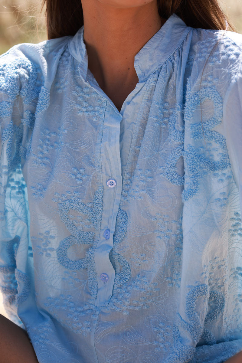 Light Blue Gauze Boucle Embroidered Blouse