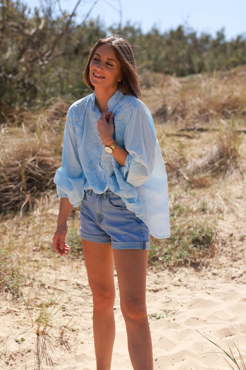 Light Blue Gauze Boucle Embroidered Blouse